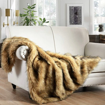 Luxury Plush Faux Fur Throw Blanket, Long Pile Golden Yellow with Black Tipped B Foto 1 de 4
