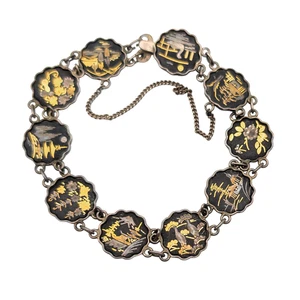 Brazalete de eslabones de panel escena damascena japonesa de colección esmalte negro incrustación de oro de 24 k - Imagen 1 de 6