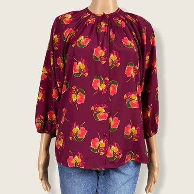 Такер для цели цветочный печать крестьянская блузка кнопка рубашка маленький пурпурный розовый - Изображение 1 из 4