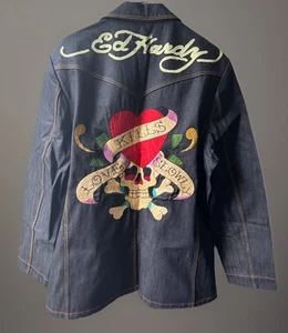 Ed Hardy Denim Blazer Embroidered Logo Mens Size 2XL - Picture 1 of 6
