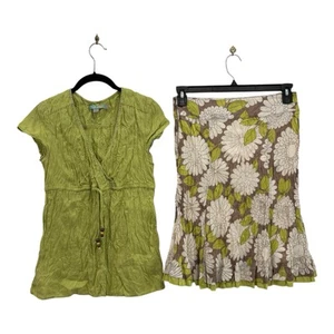 Boden Outfit Womens Crinkled Top Size 4 Green Skirt Size 6 Green Brown Floral - Imagen 1 de 19