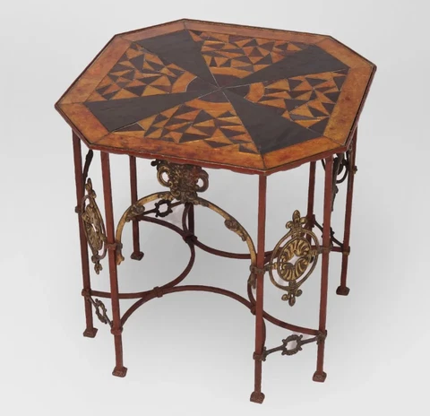 OSCAR BACH INSPIRED ANTIQUE WROUGHT IRON & GILT TABLE WITH MOSAIC GLASS TOP Cover