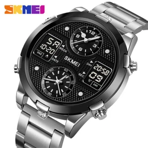 SKMEI Men Quartz Watch Dual Time Military Wristwatch Male Steel Digital Watches - Picture 1 of 28