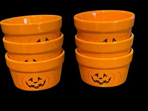 Orange Pumpkin Jack-O-Lantern Face Mini Ramekins Set Of 6 Oven & Dishwasher Safe - Picture 1 of 10