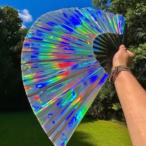 ✨Silver Holographic Large Rave Halo Folding Hand Fan Foldable Loud Clacking Edm - Picture 1 of 3