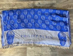 Philipp Plein Skulls & Logo Blue Gray Scarf Wrap - Picture 1 of 3