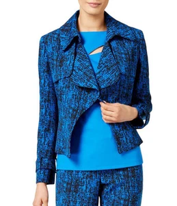 Anne Klein Blue Black Notched Collar Printed Jacquard Short Trench Jacket 4 - Picture 1 of 7