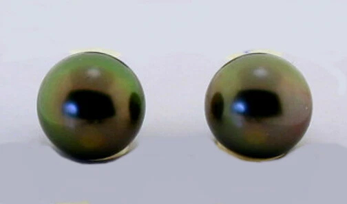 Pendientes de perlas de Tahití gris oscuro/verde de 8,9 mm, oro amarillo de 14 K, NUEVO Foto 1 de 1