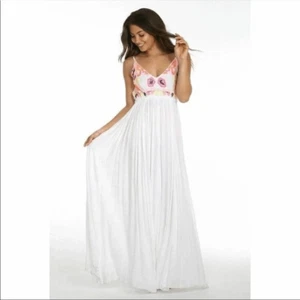 Maxi Vestido Raga Blanco Rosa Bordado Sin Mangas Espalda Sin Espalda Talla Grande - Imagen 1 de 11