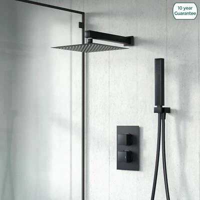 Black Matt Square Rainfall Shower Head with Hand Held Thermostatic Valve | Temel