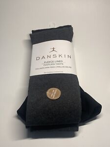NWT DANSKIN Fleece Lined Soft Footless Tights 2 Pk Black Grey Large/XLarge