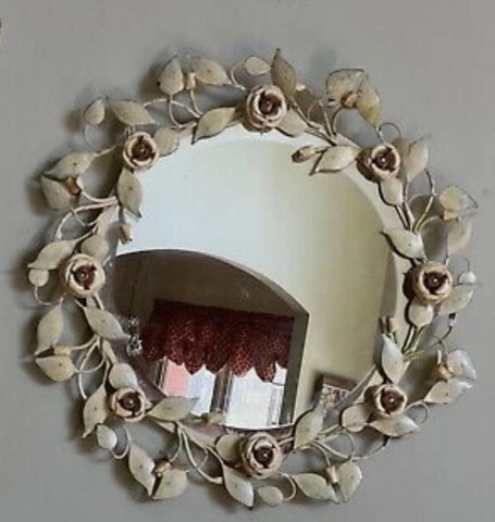 Vintage Pastel Italian Tole Wall Mirror Pink Roses Round Shabby Chic Farmhouse Cover