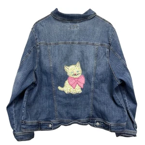 Giacca Denim Upcycled 2X Antiche Appliqué Trapuntata Gatto Gattino Patchwork - Foto 1 di 6