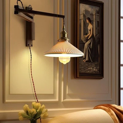 Walnut Plug in Wall Sconces,Vintage Japanese Swing Arm Wall Lamp Ceramic Shad... - Image 1 of 4