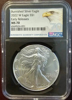 2022-W Burnished Silver Eagle MS70 NGC   Eagle Label Early Releases  - Image 1 of 4