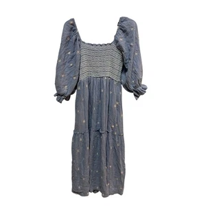 Blau bestickt Gaze Midikleid eckiger Ausschnitt gesmoktes Mieder Puffärmel Stufen - Bild 1 von 5