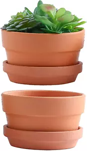 7 Inch Terracotta Shallow Planters with Saucer/Tray,Ceramic Flower Clay Plant Po - Picture 1 of 7