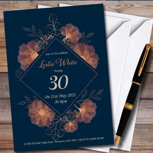 Personalisierte Geburtstagsparty-Einladungen Kupfer Marineblau Rouge Blumen - Bild 1 von 1
