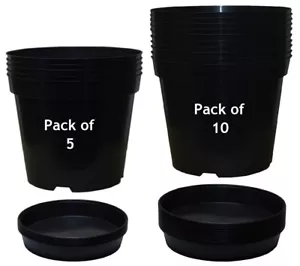 Black Plastic Plant Pots + Saucers Small Flower Planter 3 4 5 7.5 10 12 15 Litre - Picture 1 of 5