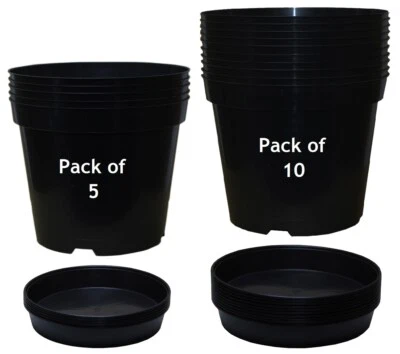 Black Plastic Plant Pots + Saucers Small Flower Planter 3 4 5 7.5 10 12 15 Litre