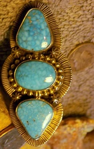 3 Stone Turquoise Sterling Silver Ring Navajo Charles J  Size  9 adjustable - Picture 1 of 5