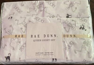 New Rae Dunn By Enchanted “SPOOKY SKELETON” Halloween Queen Sheet Set White - Image 1 of 4