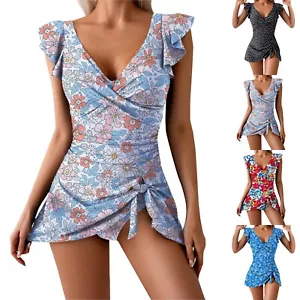 Women's Spring/Summer V Neck Lace Print Split Solid Color Swimsuit - Picture 1 of 29