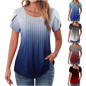 Women Fashion Petal Sleeves Crewneck Tunic Blouses Gradient Summer Tees Shirts - Picture 1 of 38