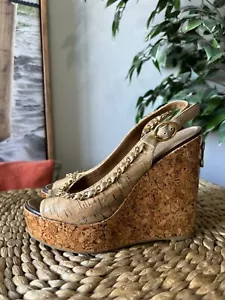 CHANEL Cork Chain CC Wedge Sandals 37 Beige Clair - Picture 1 of 16