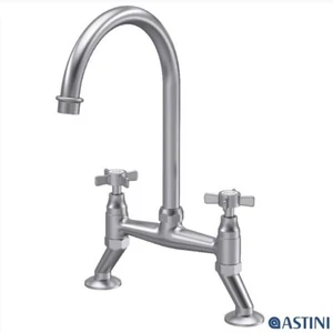 Astini Victoria Brushed Nickel Twin Crosshead Kitchen Sink Bridge Mixer Tap - Picture 1 of 7