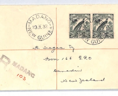 NEW GUINEA Cover *MADANG* Registered 5d Pair NEW ZEALAND Dunedin 1932 XC257 - Image 1 of 4