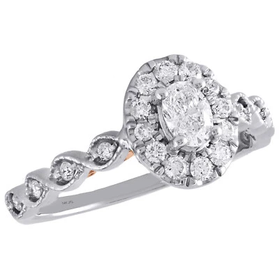 14K Two Tone Gold Oval Solitaire Diamond Halo Designer Engagement Ring 0.75 Ct. - Image 1 of 4