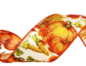 Fall Pumpkins 2.5" by 2 yards Wired Ribbon Gold Glitter Red Orange Corn Wheat - Picture 1 of 7