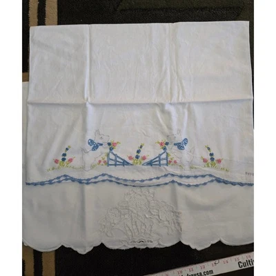 Vintage Embroidered Scalloped Edge Pillowcase Scottie Dog Blue Floral Crochet - Image 1 of 4