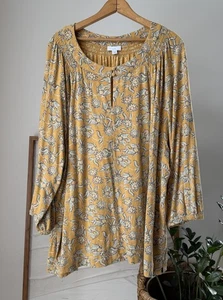 Women's J. JILL Mustard Yellow Floral Peasant Top Shirt Plus Size 4X - Picture 1 of 4
