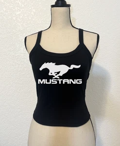 Schwarzes geripptes Auto Liebhaber Shirt weiß Mustang Tank Top Semi Cropped Damen S197 S550 - Bild 1 von 5