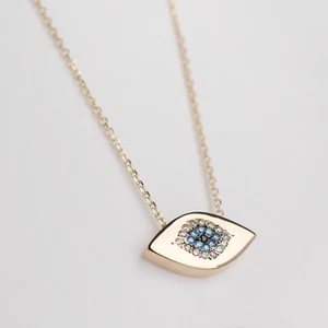 Oval Evil Eye Necklace in 14k Gold/Evil Eye Amulet/Good Omens Charm - Picture 1 of 8