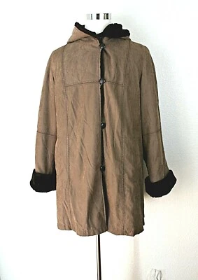 UTEX DESIGN Women's Warm Pea Coat Brown Microfiber & Fur Lining Hooded ~ L   *** - Image 1 of 4