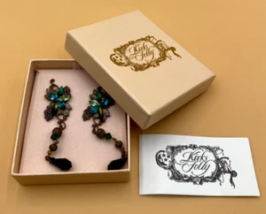 KIRKS FOLLY PIERCED EARRINGS TURQUOISE CRYSTALS 4" LONG DANGLING - Picture 1 of 10