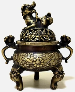 17cm antique old Bronze Signed lucky dragon lion Statue Incense Burners Censer - Picture 1 of 9