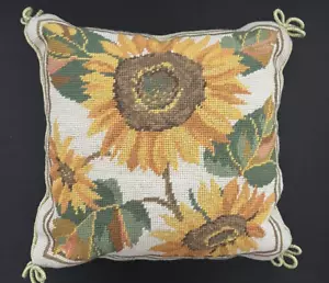 Needlepoint Sunflower Pillow Velvet Back Farmhouse Fall Décor 14” - Picture 1 of 8