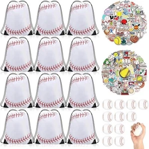 124 Pcs Baseball Party Favor Set 12 Baseball Drawstring Bags 13 x 17 Inch 12 Min - Picture 1 of 6