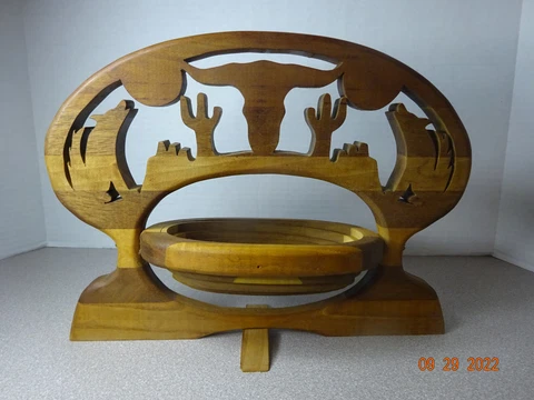 Vintage South Western Collapsible Wood Basket, Steer, Coyote, Cactus Trivet Oval Cover