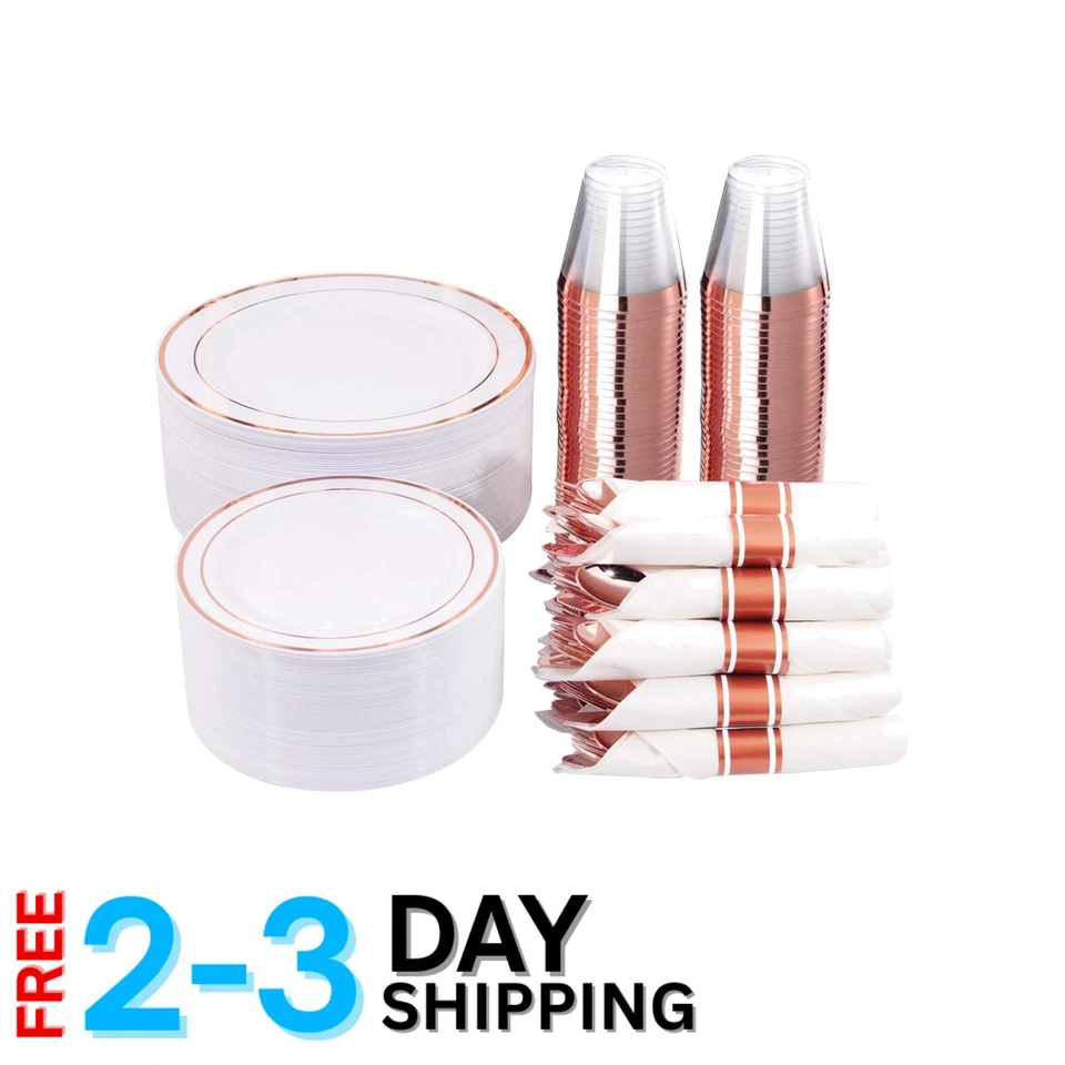 Juego de vajilla de plástico oro rosa 350 piezas para 50 invitados, perfecto para fiestas Foto 1 de 4