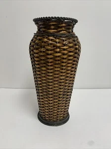 VTG Woven Wicker Vase Brown Boho Style Weave Metal Trim & Base 11.5” - Picture 1 of 5