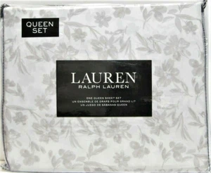Ralph Lauren 4-teiliges Baumwoll Laken Set Aquarell Blumen Grau Weiß Queen - NEU - Bild 1 von 1