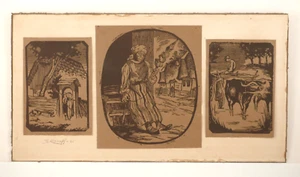 3 Theodore Kiriacoff Woodcuts:Oxen Cart, At the Gate, Hand-Spinning Romania 1926 - Picture 1 of 12