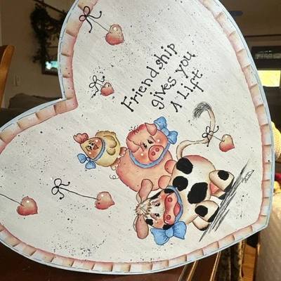 VTG Wooden Heart Shaped Hand Painted Folk Art Rustic Wall Decor Cottage Farm - Image 1 of 3