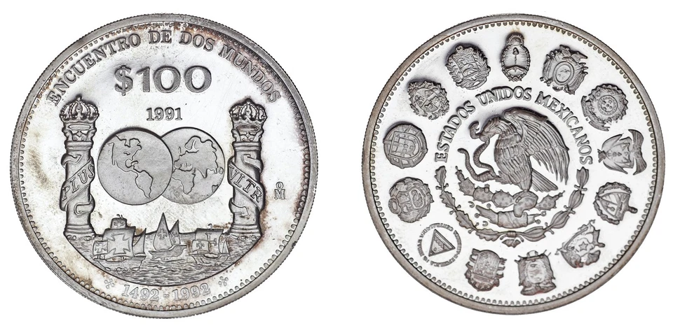 100 Silver PESOS / Silver. Mexico, 1991. Iberoamericana. Encounter. Proof. - Image 1 of 1
