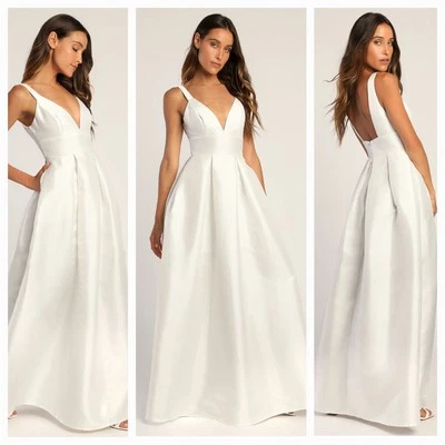 Nuevo Maxi Vestido LULUS Maniju (M) Listo para el Romance Marfil Sin Mangas Con Bolsillos Foto 1 de 4